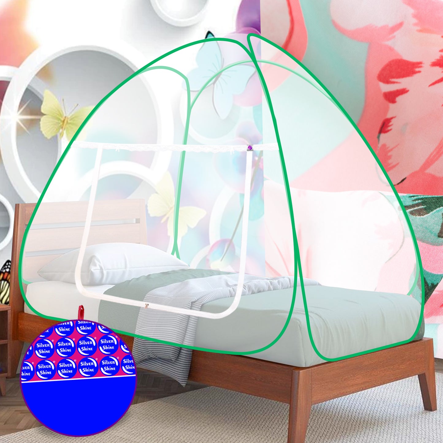 White Green Mosquito Net (Single Bed)