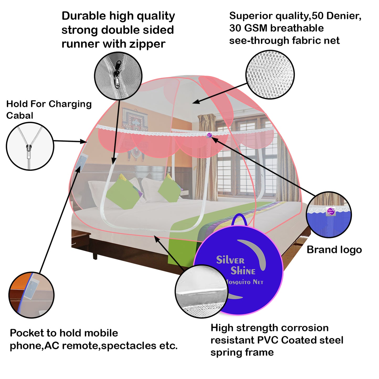 Premium Mosquito net Pink (Double Bed)