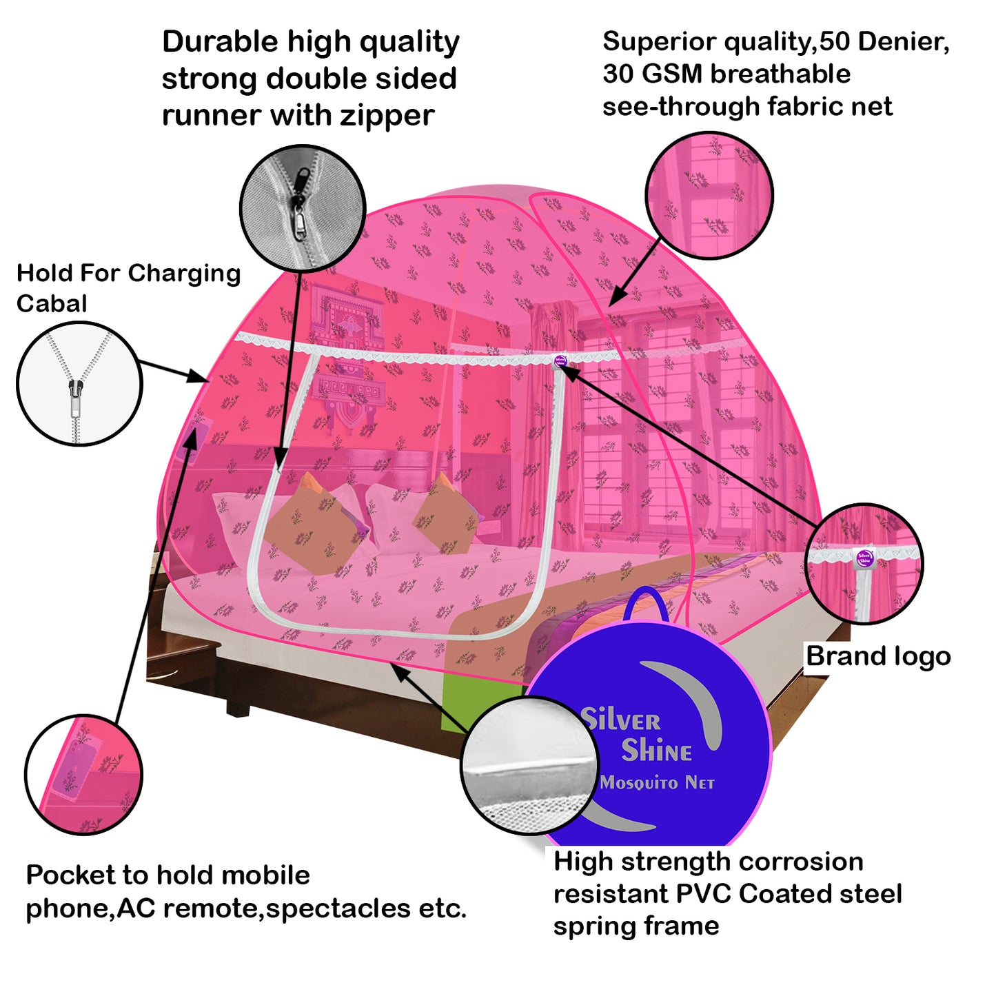 Premium Mosquito net Pink Flower (Double Bed)