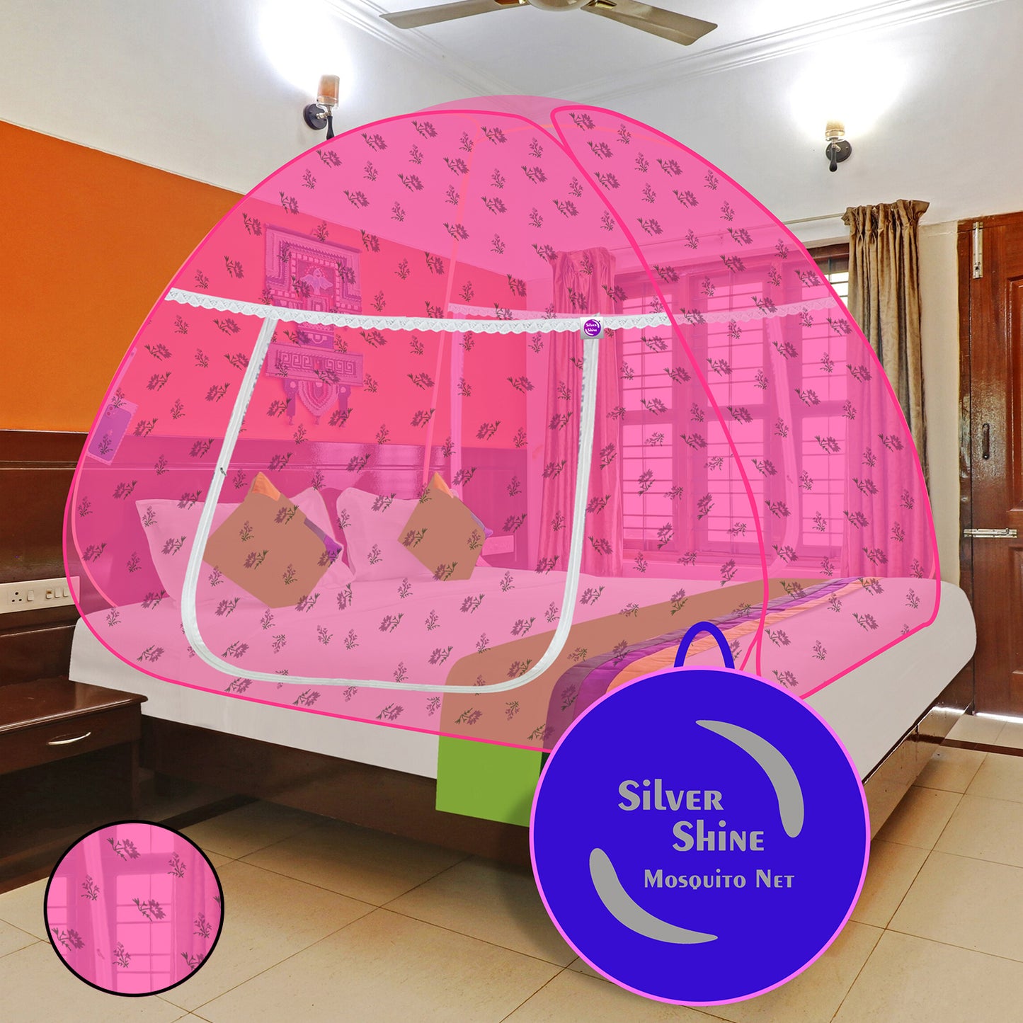 Premium Mosquito net Pink Flower (Double Bed)