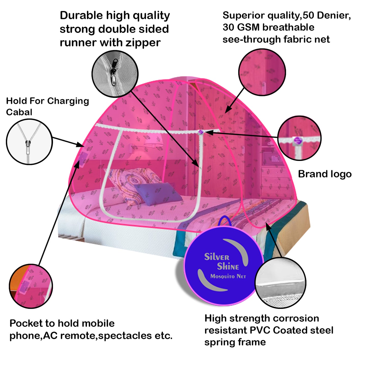 Premium Mosquito net Pink Flower (Single Bed)