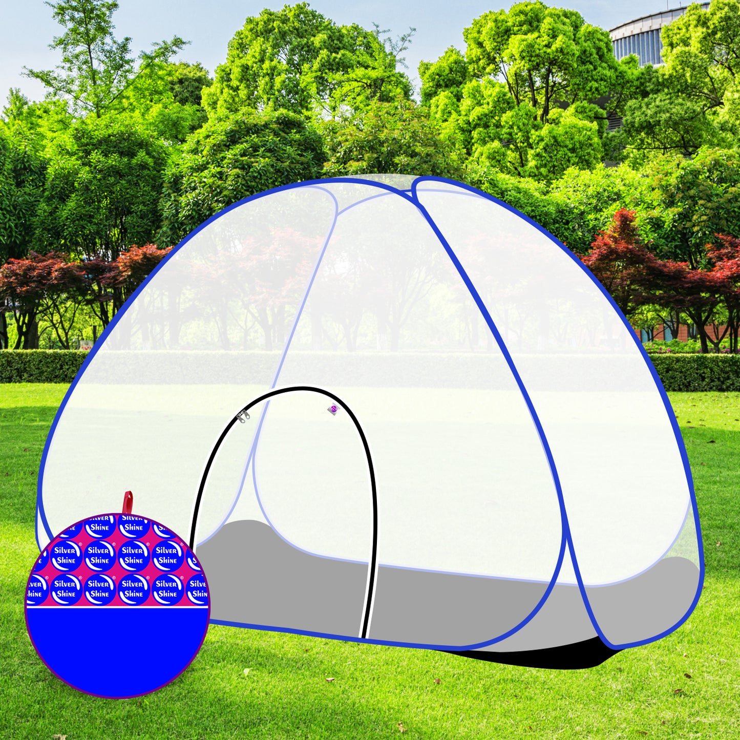 White Blue Mosquito Net With Base (Single Bed)