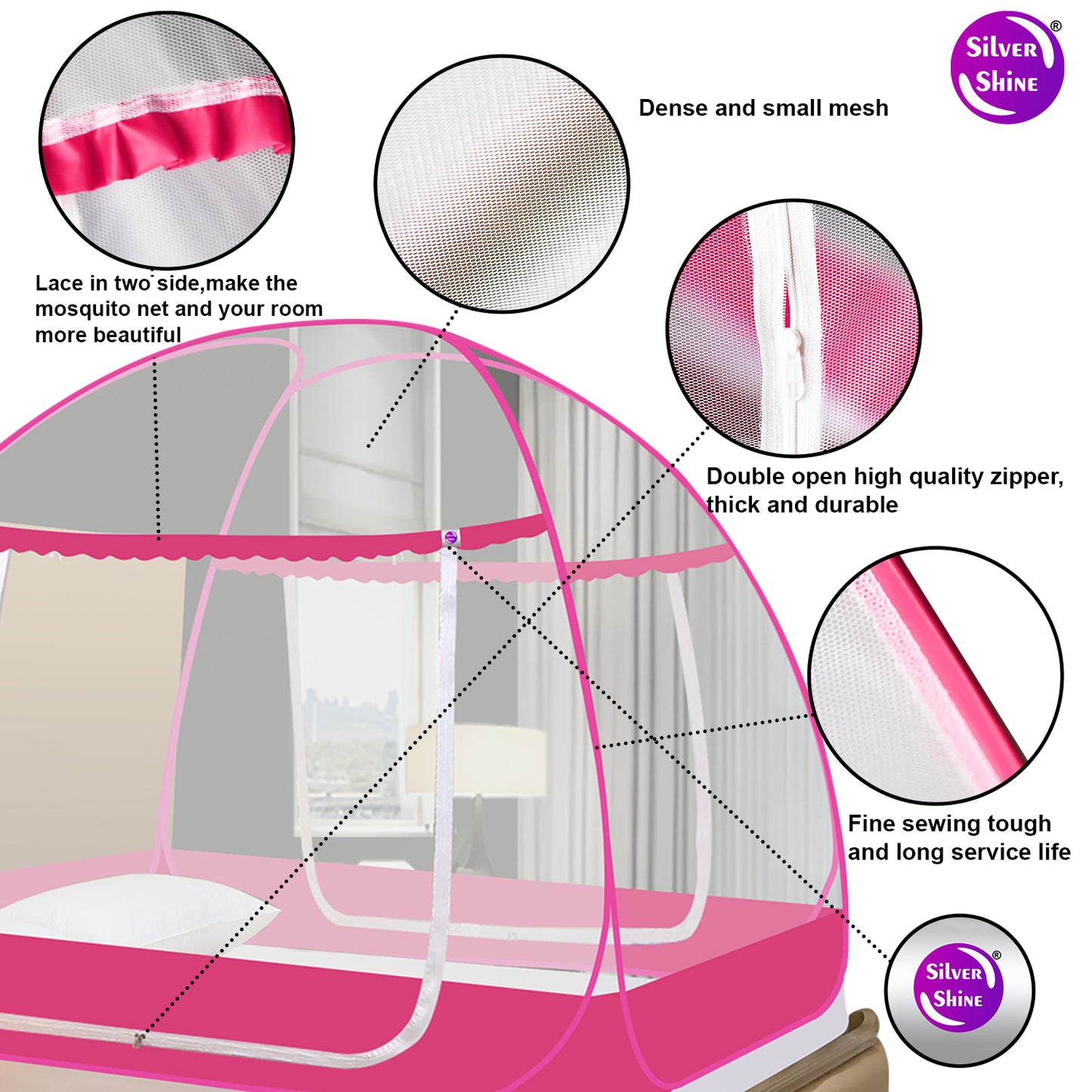 Pink Mosquito net With Border (Double Bed)
