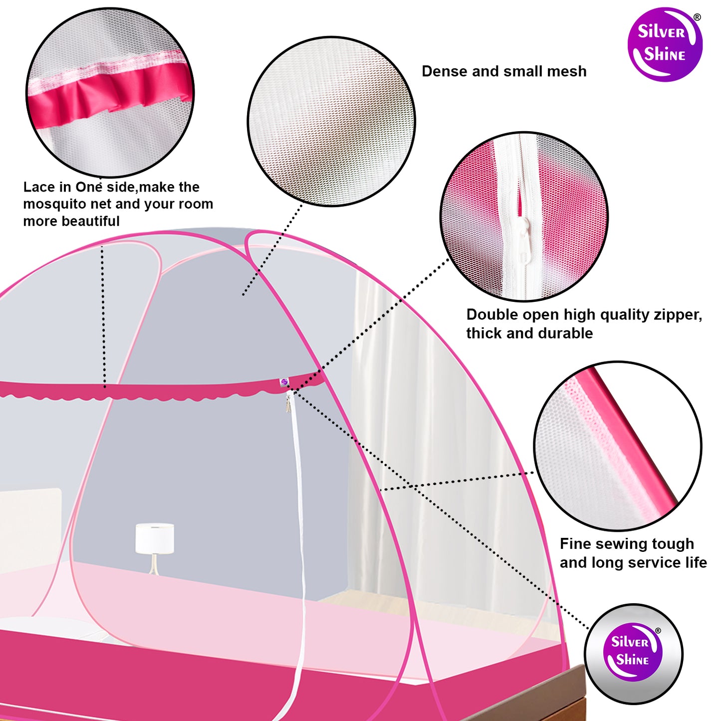 Pink Mosquito Net With Border (Single Bed)