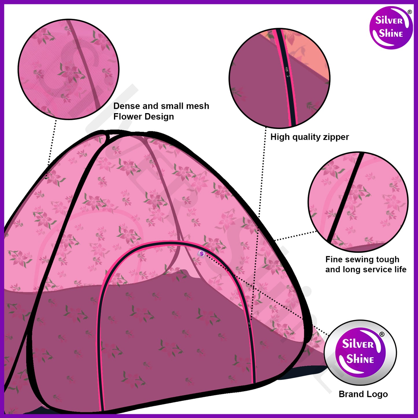 Pink Flower Mosquito net with Base (Double Bed)